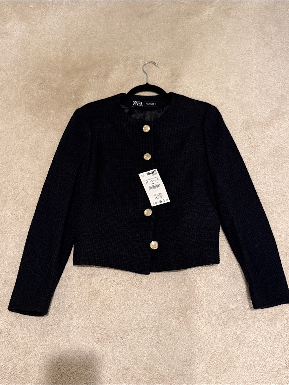 ZARA Black Cropped Textured Blazer with Gold Buttons
